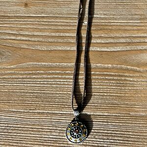 Vintage Artisan Style Shield Pendant Necklace - Amber Crystals